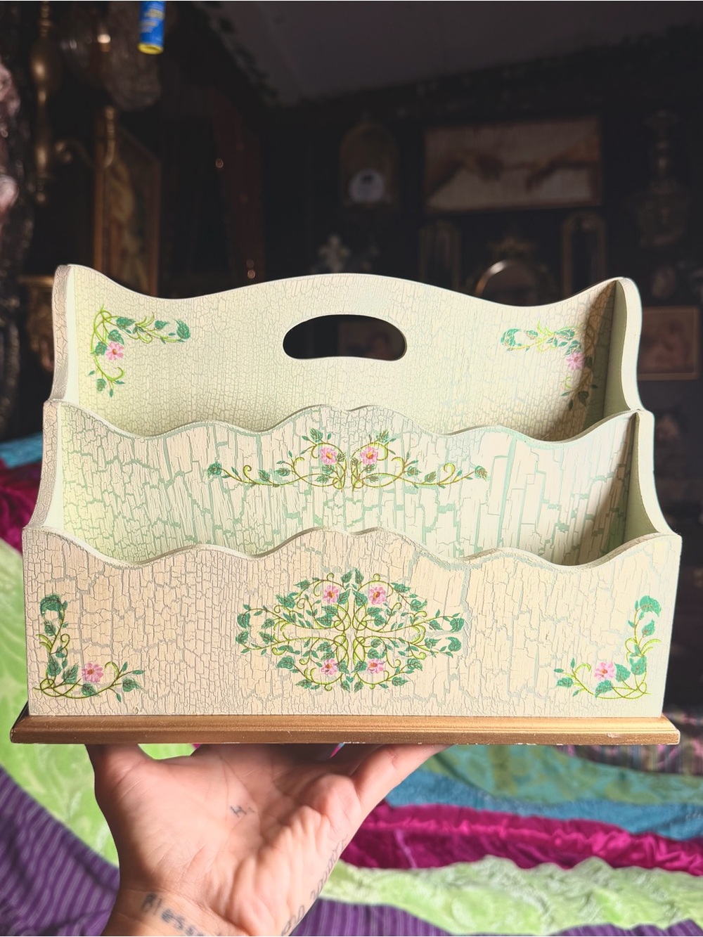 Vintage Cottagecore Pale Green Floral Cracked Paint Letter Holder Organizer